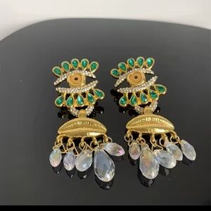 Schiaparelli Inspired Statement Earrings Gold Tone Runway Long Big